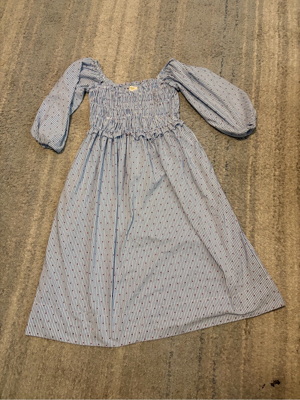 Maeve Anthropologie Smocked Stripe Clip Dot Midi Dress Large Blue Red Cottagecor